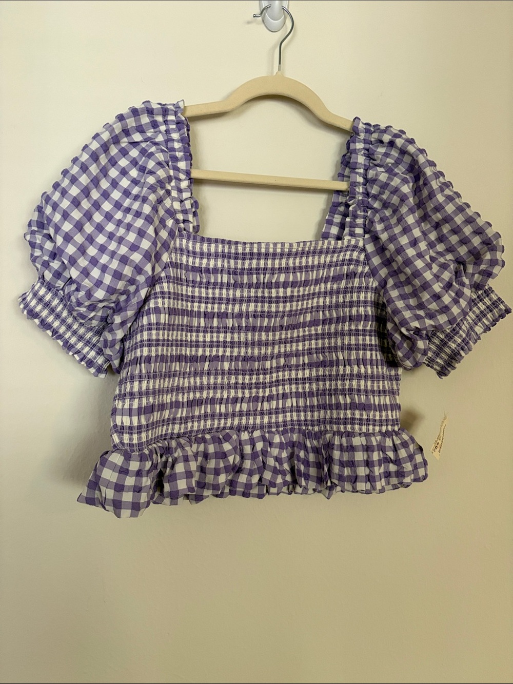 The Impeccable Pig Purple & White Gingham Smocked Puff-Sleeve Crop Top